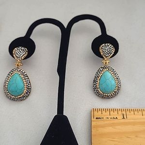 Genuine Turquoise Drop Design w Swarovski black & Clear dazzling crystals YG